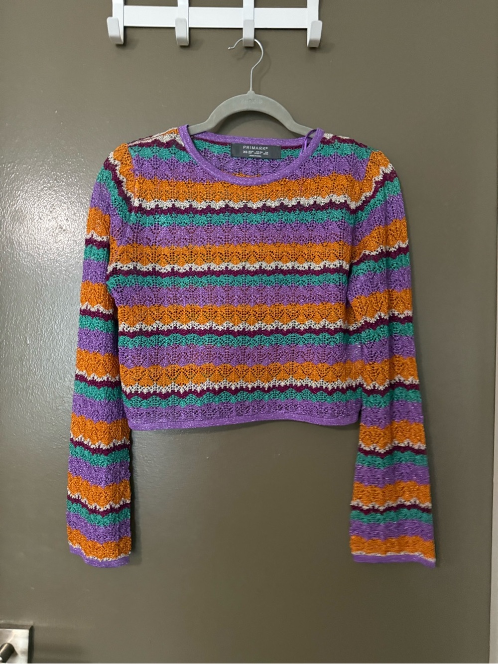 Primark Stripe Crochet Crop Sweater in Purple, Orange & Green